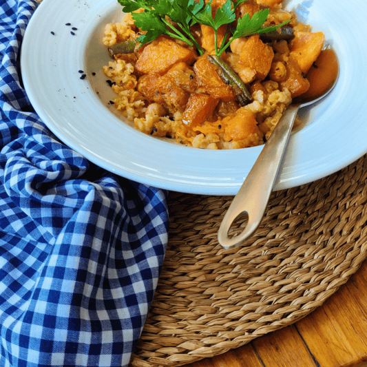 Satay Pumpkin, Bean and Chickpea Casserole