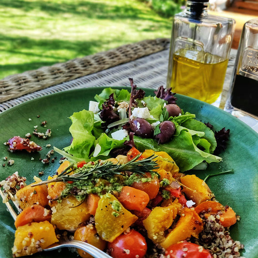 Quinoa topped with Roasted Vegetables and Pesto