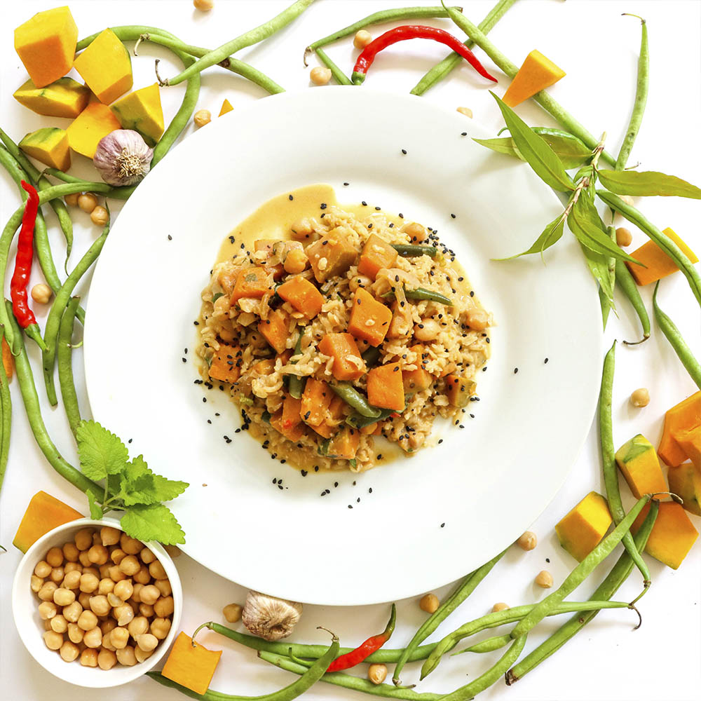 Satay Pumpkin, Bean and Chickpea Casserole