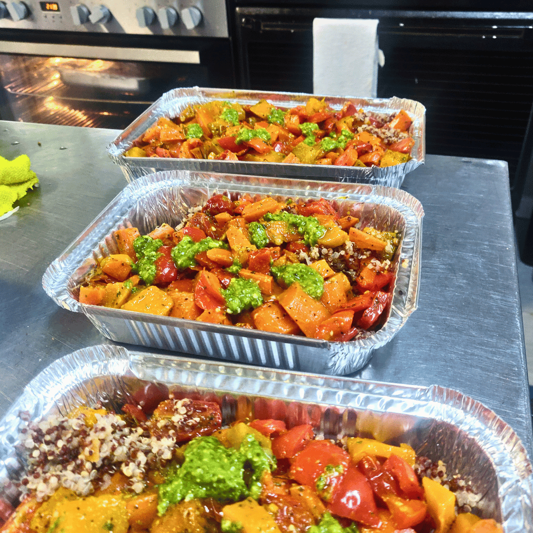 Quinoa topped with Roasted Vegetables and Pesto