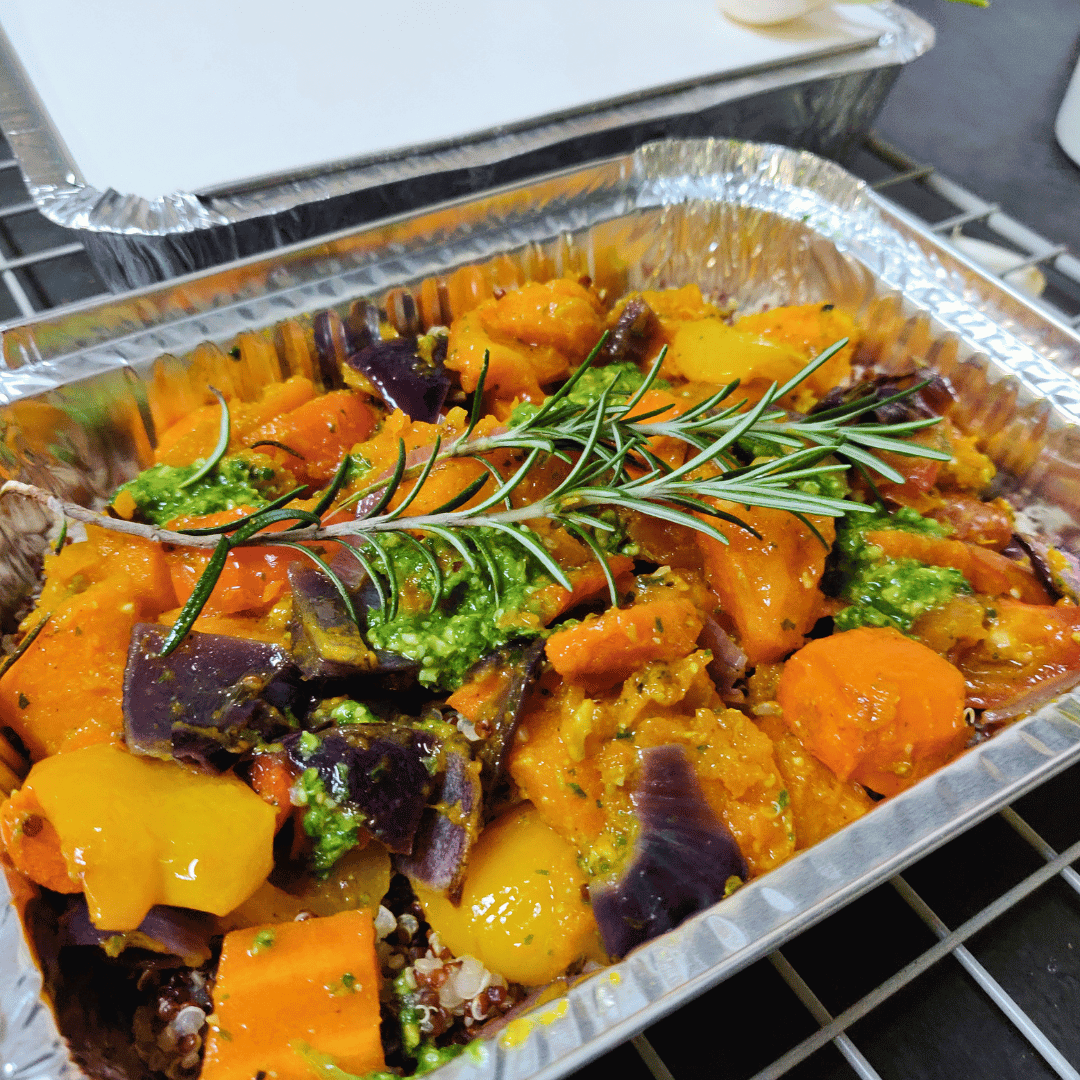 Quinoa topped with Roasted Vegetables and Pesto