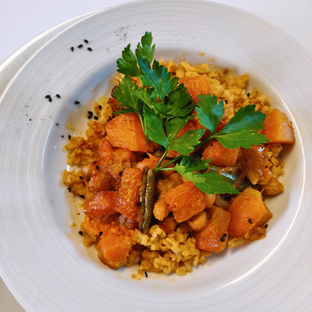 Satay Pumpkin, Bean and Chickpea Casserole