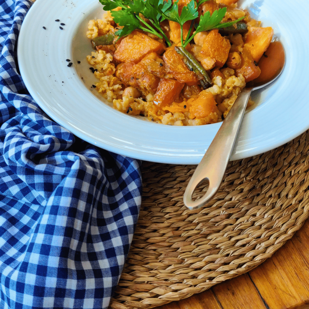 Satay Pumpkin, Bean and Chickpea Casserole