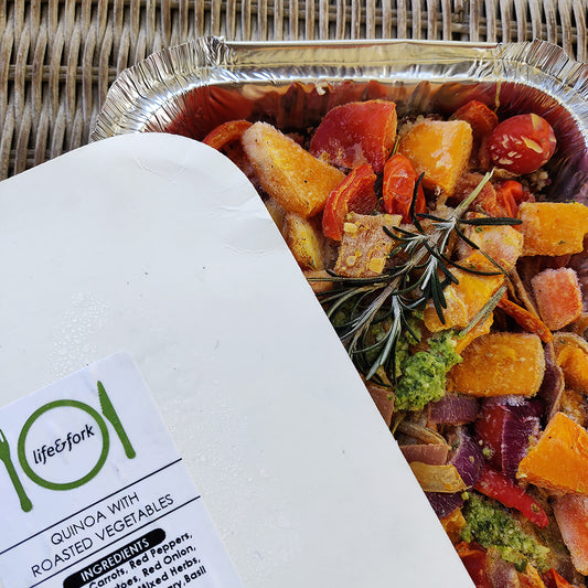 Quinoa topped with Roasted Vegetables and Pesto