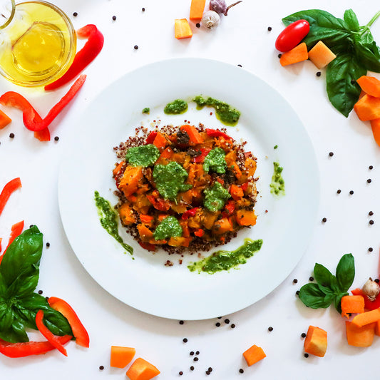 Quinoa topped with Roasted Vegetables and Pesto